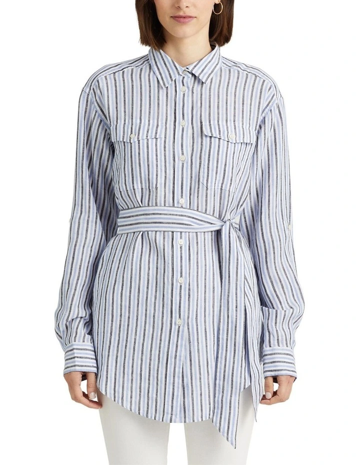 Striped Belted Linen Shirt in Blue