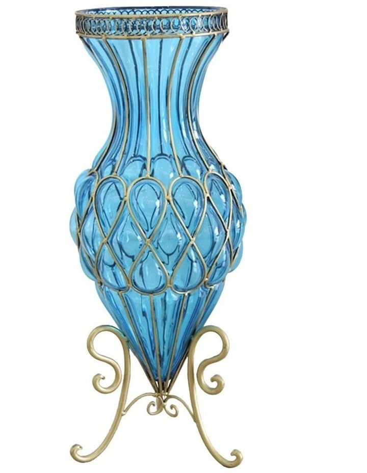 Glass Tall Floor Vase with Metal Flower Stand 67cm in Blue