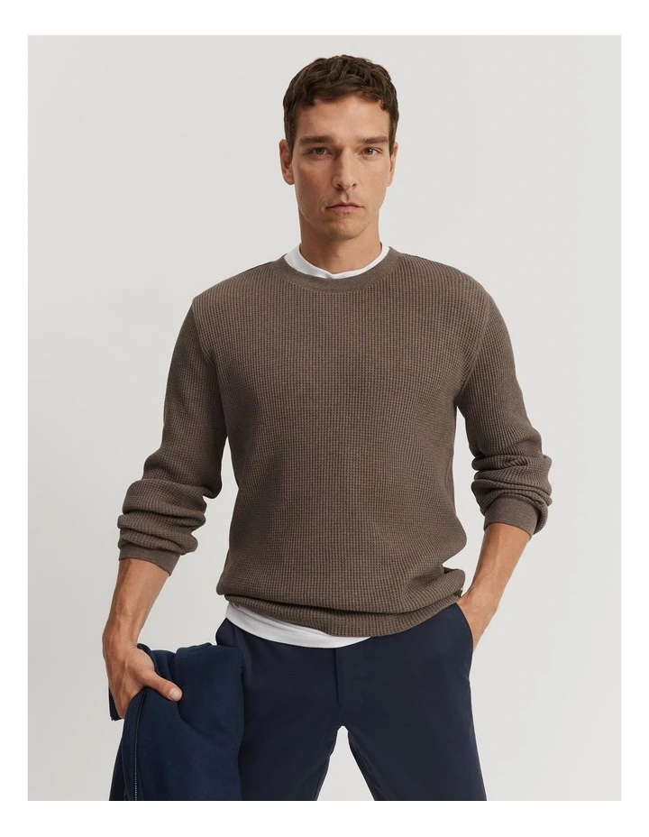 Australian Cotton Waffle Long Sleeve Crew Neck in Truffle Marle