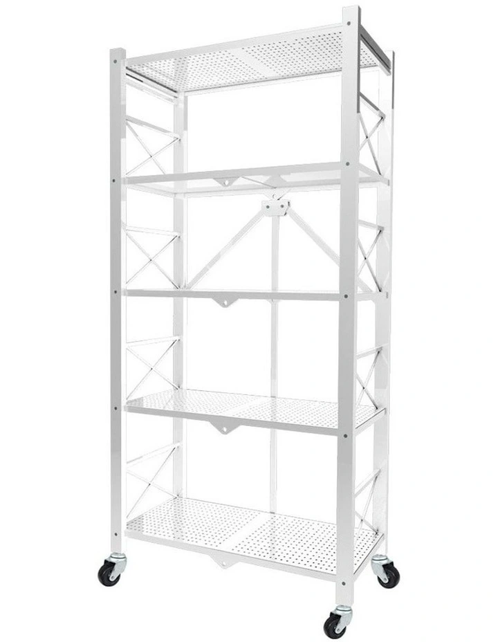 5 Tier Steel Foldable Storage Organizer with Wheels in White