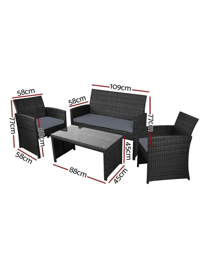 Outdoor Sofa Set With Storage Cover Rattan Chair Furniture 4 PCS in Black