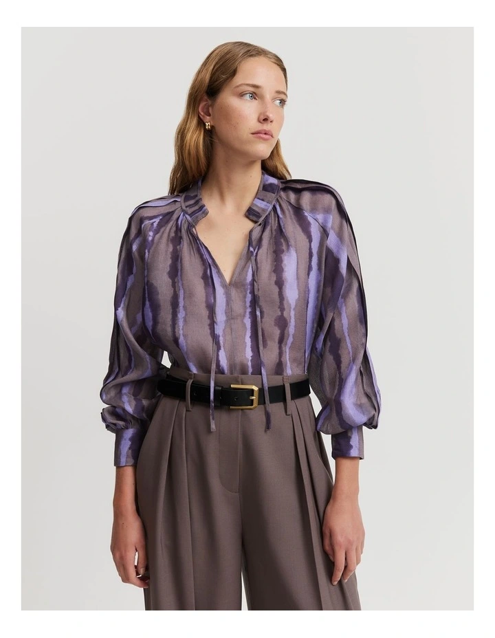 Print Pleat Sleeve Blouse in Water Colour Stripe