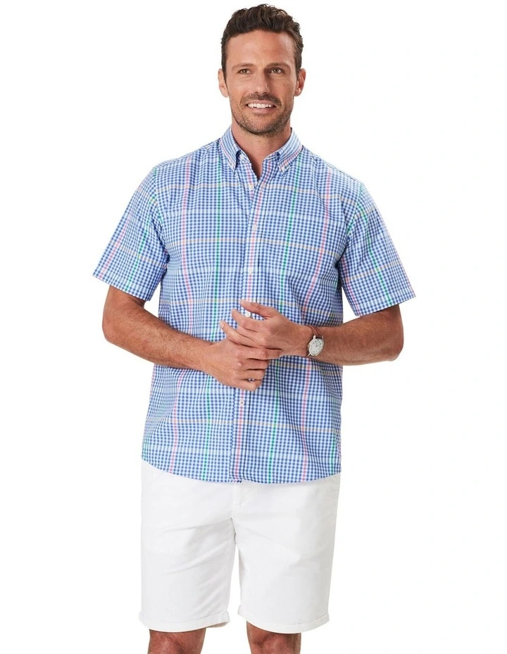 Easy Care Multi Check Short Sleeve Shirt in Dark Blue