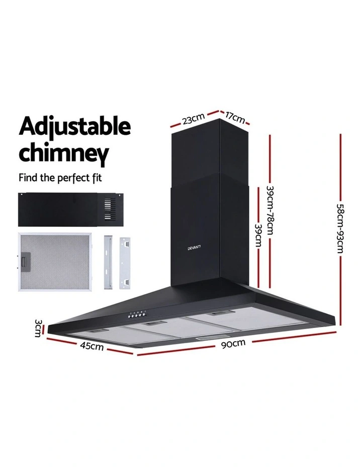 Range Hood Rangehood 90cm 900mm Kitchen Canopy LED Light Wall Mount Black