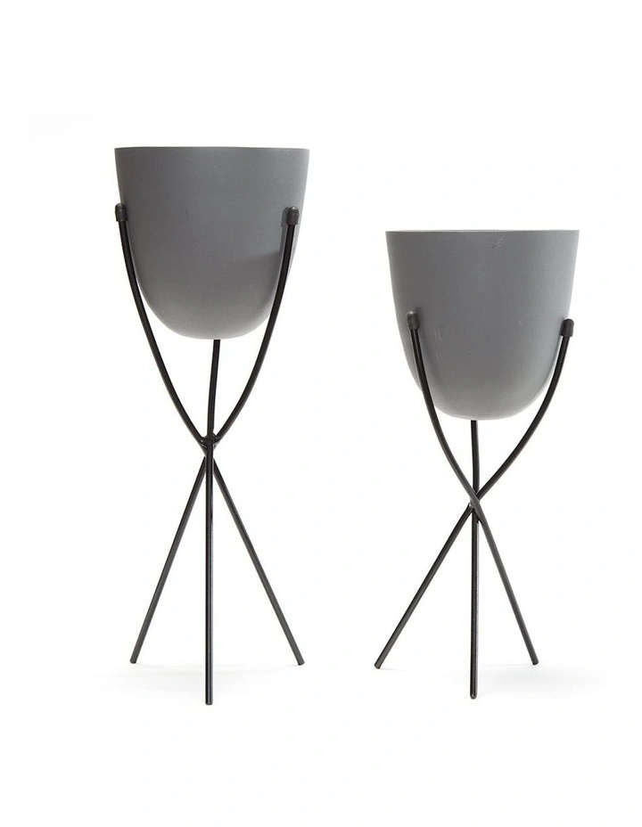 Contemporary Matte Grey Planter Stand Set of 2