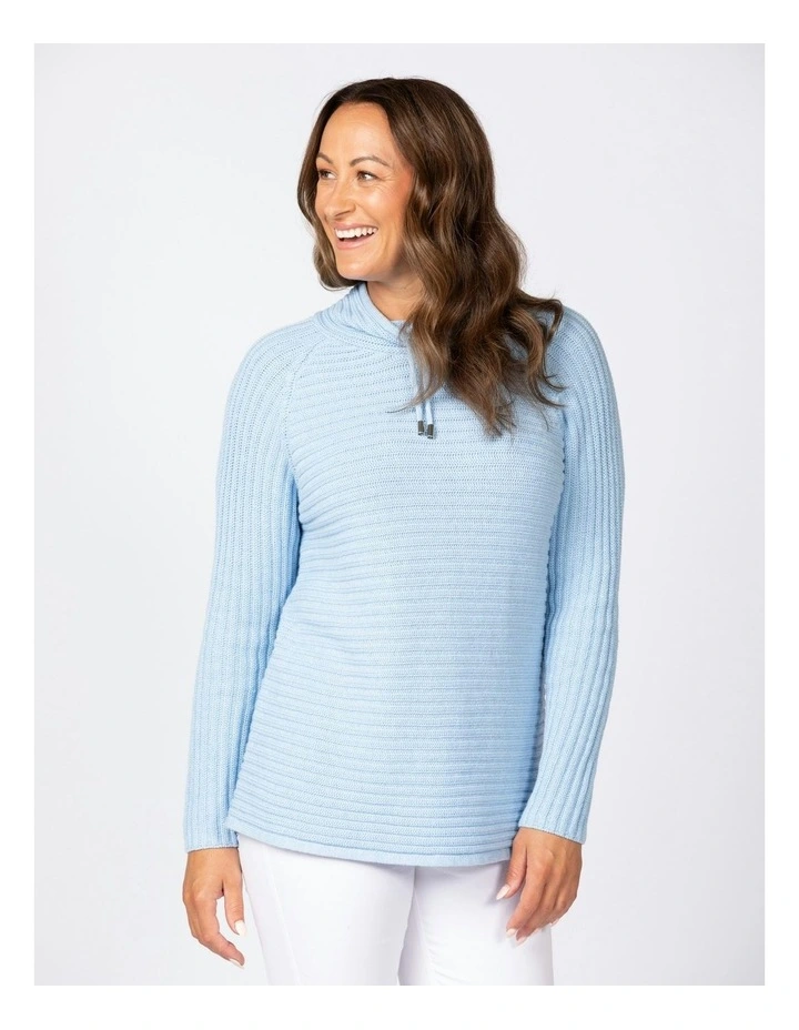 Rib Drawstring Neck Sweater in Blue
