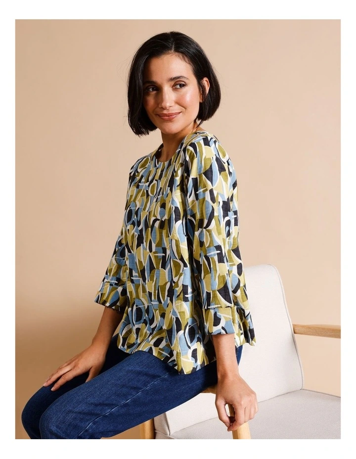 Organic Cotton Blend 3/4 Sleeve Swing Top in Blues/Greys/Olive Abstract