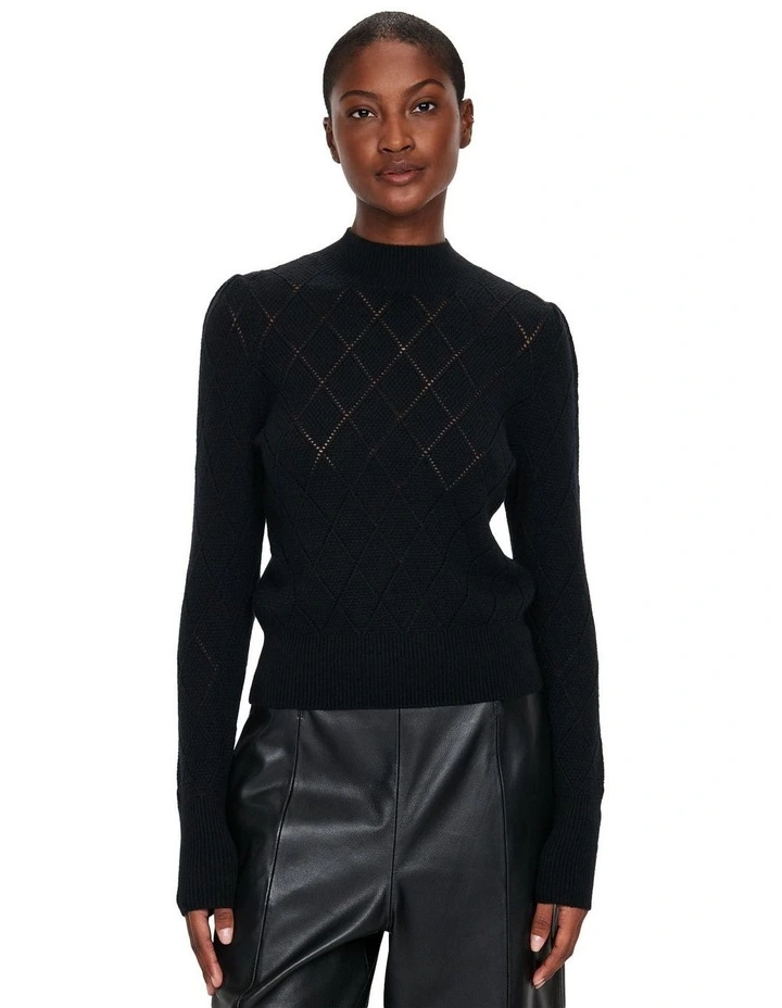 Diamond Pattern Puff Sleeve Knit Top in Black