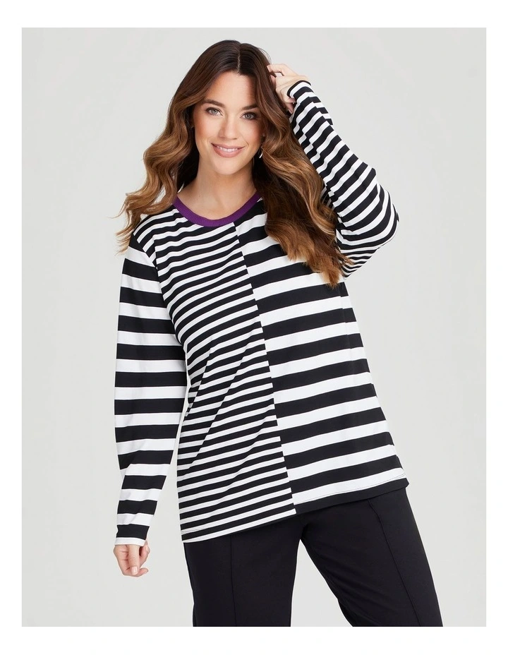 Bamboo Ponte Spliced Stripe Top in Black/Off White