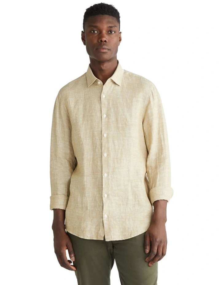 Linen Solid Long Sleeve Shirt in Khaki