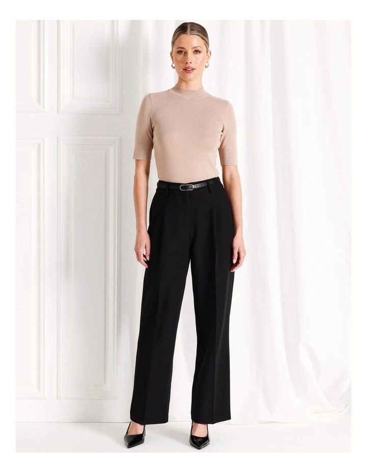 Recycled Blend Pleat Front Wide Leg Pant With Belt in Black