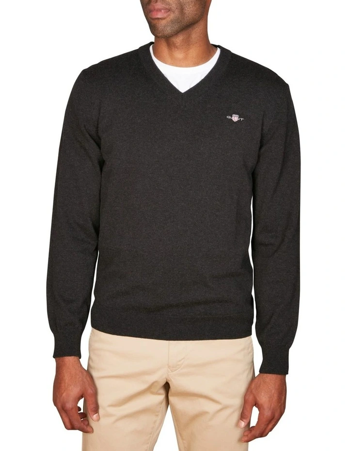 Cotton Wool V-Neck Sweater in Dark Charcoal Melange