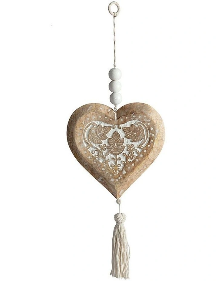 Mango Wood Hanging Heart Decor in Natural