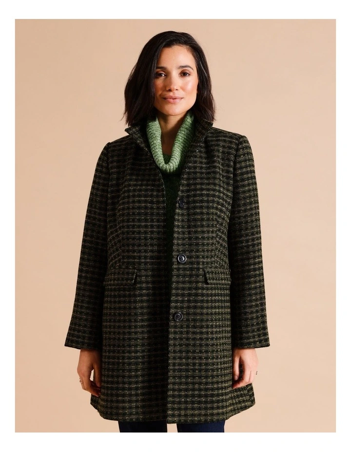 Lined Check Coat With Stand Neck In Charcoal/Greens Small Check