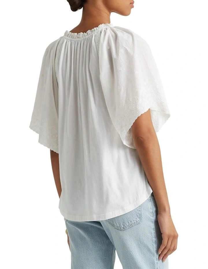 Eyelet Jersey Flutter-Sleeve Top in White
