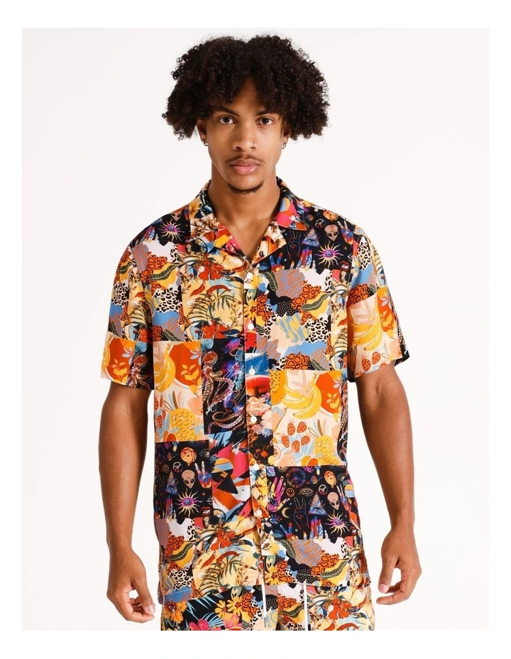 Patchwork Print Short Sleeve Rayon Shirt in Multicolour