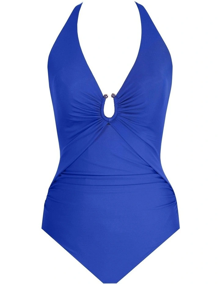 Bling Plunge Neck One Piece Shaping Swimsuit in Azul Blue