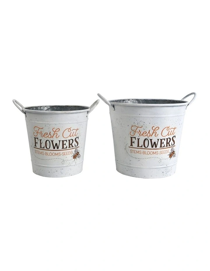 Fresh Cut Flowers Bucket Pot Planters Set of 2 in Distressed White