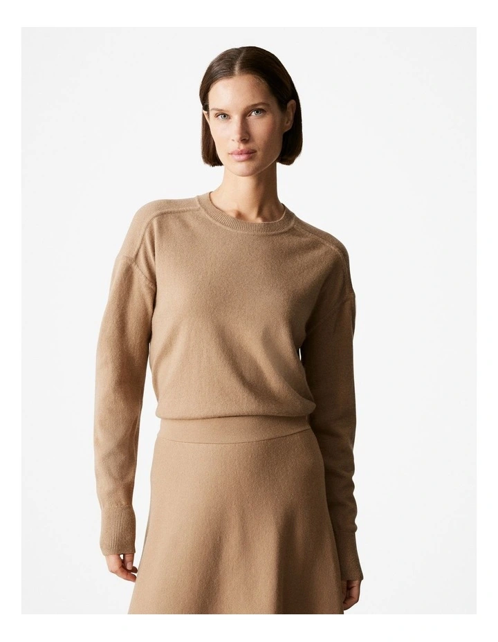 Merino Blend Forward Shoulder Seam Relaxed Crew in Camel