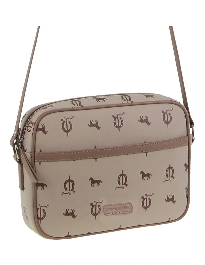Canvas Print Leather Trim Square Cross-Body Bag in Beige