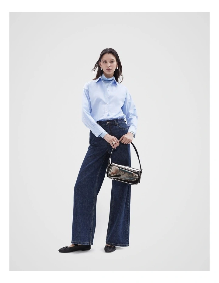 High Neck Long Sleeve Top in Smoke Blue