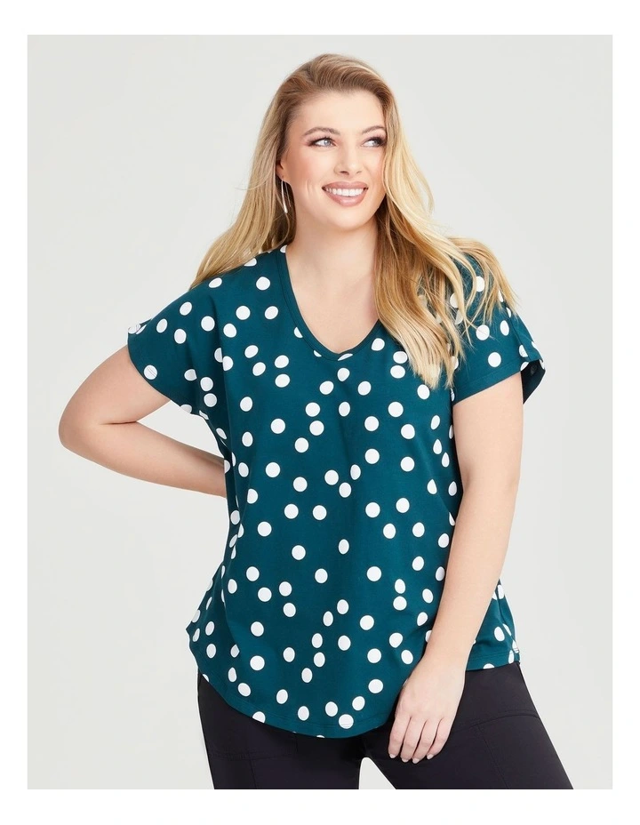 Cotton Scoop Neck Spot Top in Evergreen/Off White