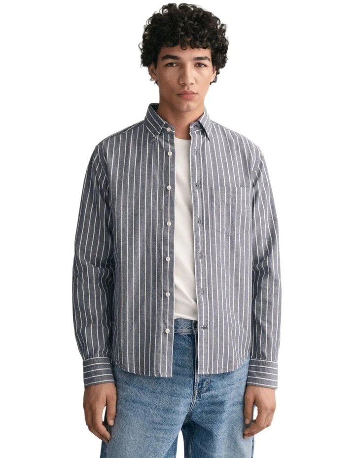 Regular Fit Striped Brushed Oxford Shirt in Classic Blue