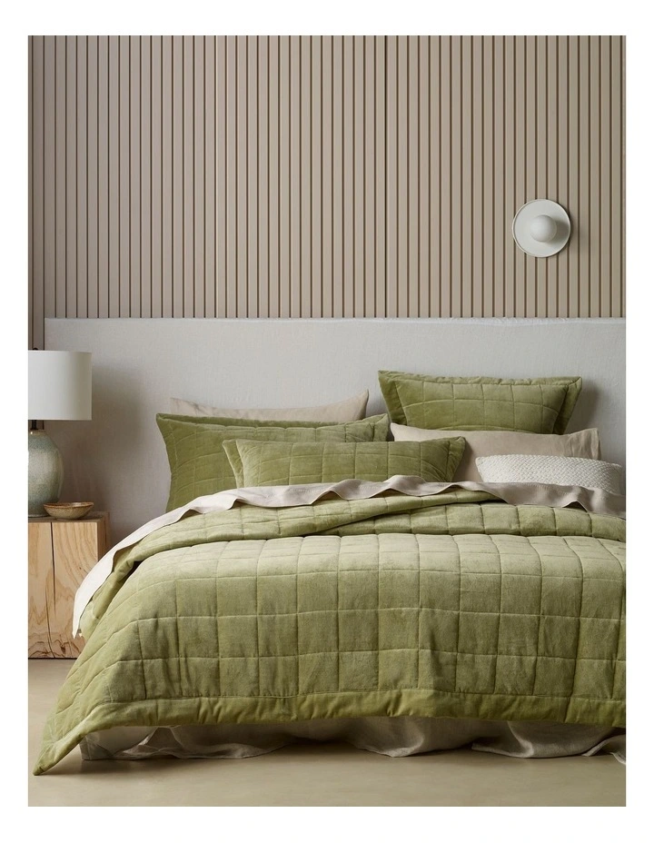 Lawson Quilted Cotton Velvet Coverlet in Gumleaf Green