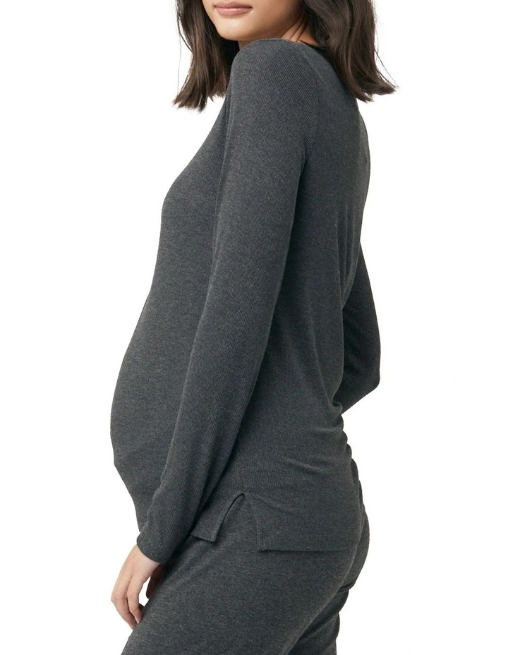 Rib Button Through Top in Charcoal Marle