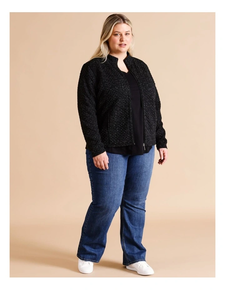 Recycled Polyester Blend Zip Thru Spot Jacquard Sweat Top In Black