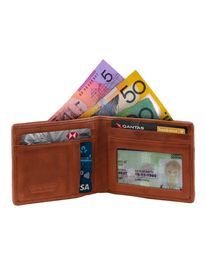 Woven Embossed Leather Bi-Fold Wallet in Cognac