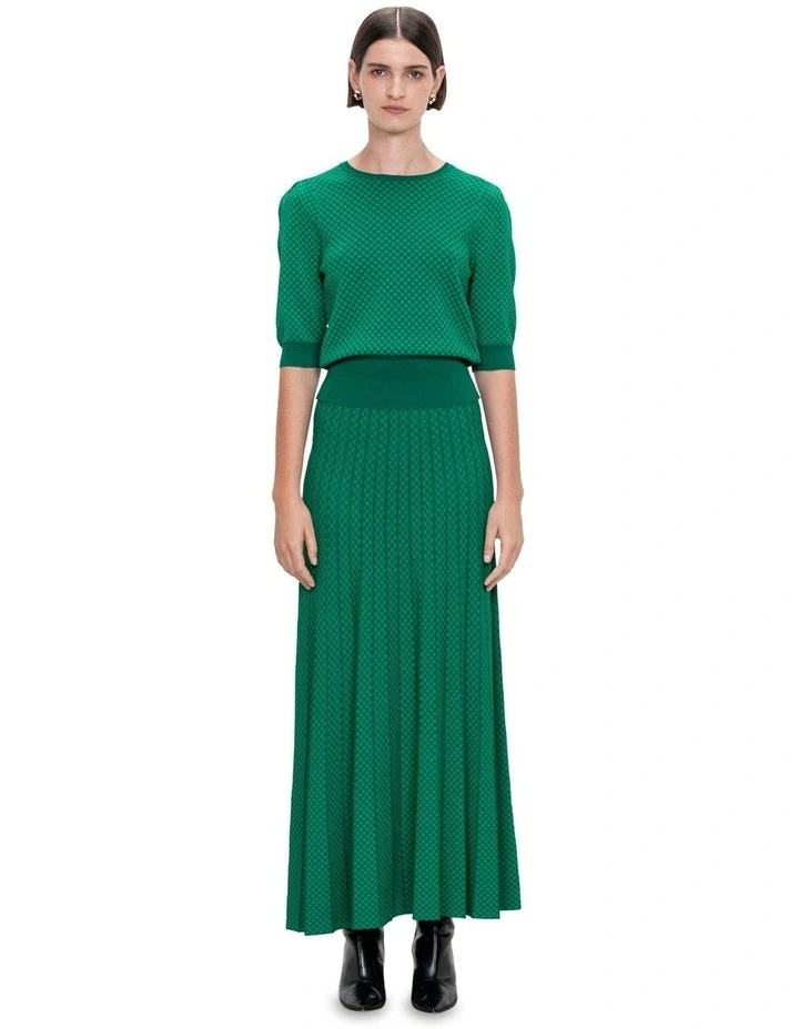 Mini Houndstooth Pleated Knit Skirt in Jade