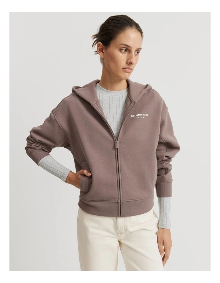 Australian Cotton Crop Zip Hooded Sweat Top in Truffle