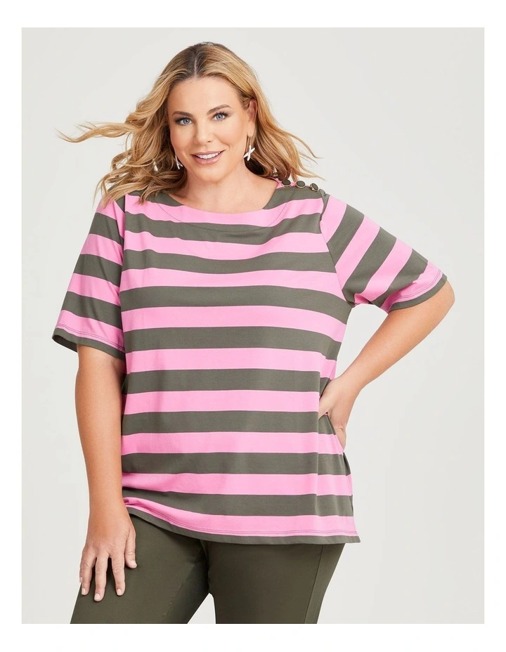 Cotton Block Stripe Button Top in Myrtle/Aurora Pink