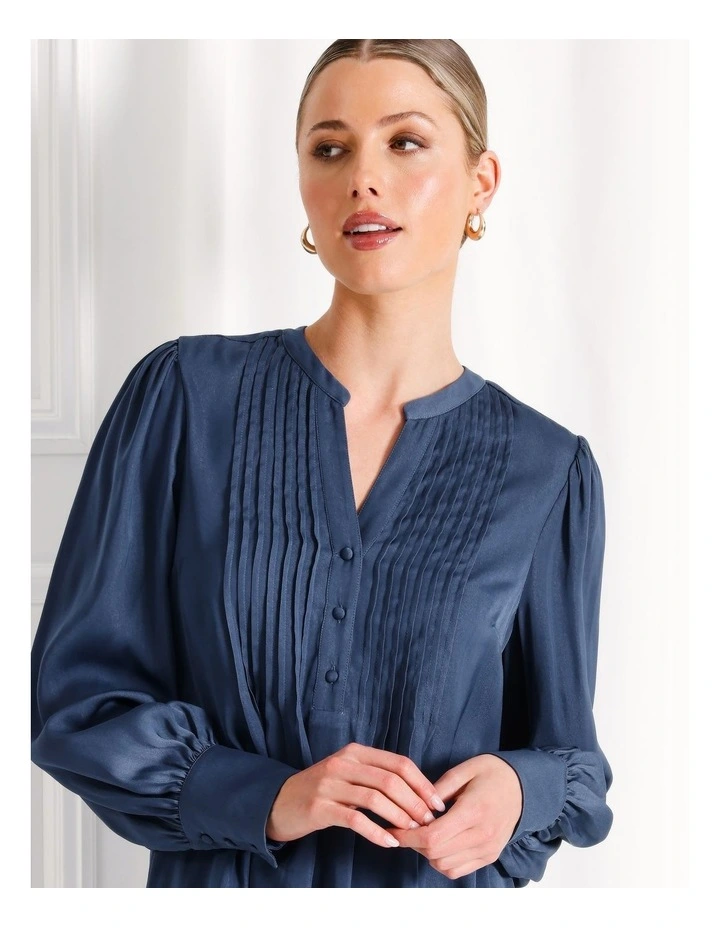 Recycled Blend Satin Pintuck Long Sleeve Blouse in Blue