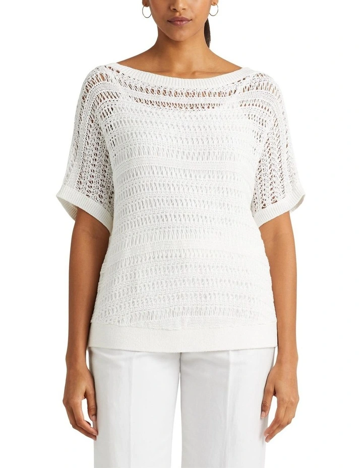 Cotton Mesh Short-Sleeve Sweater in White