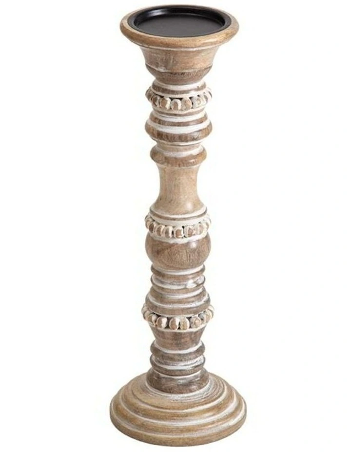 TallHandmade Wooden Beaded Pillar Candle Holder in Brown