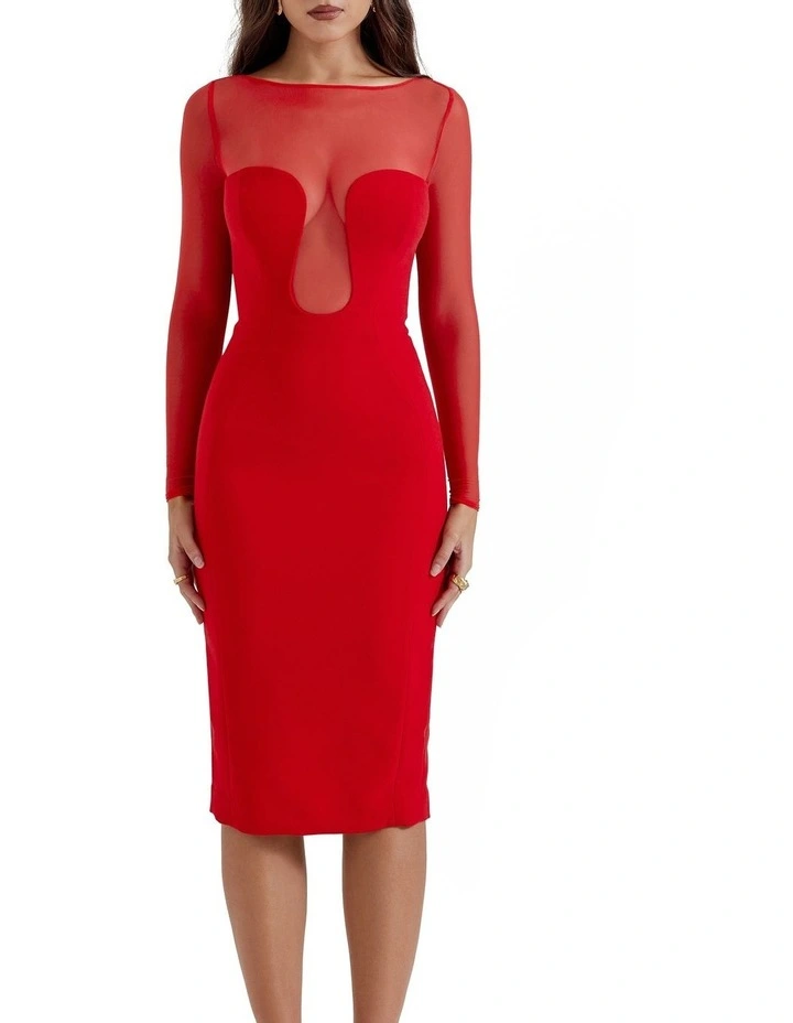Darcy Plunge Midi Dress in Scarlet