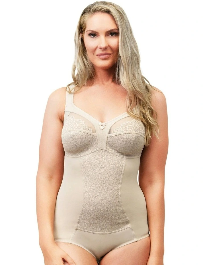 Wide Strap Supportive Bodysuit With Lace in Light Beige