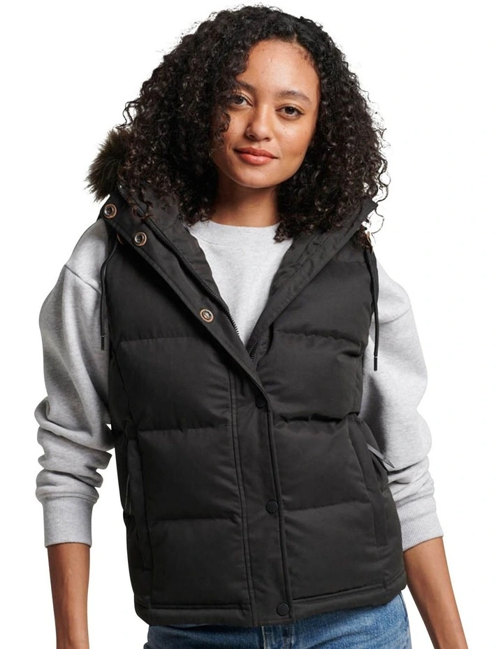 Everest Faux Fur Puffer Gilet in Jet Black