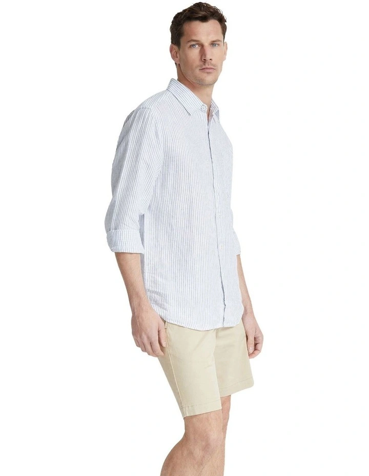 Holloway Pure Linen Stripe Shirt in Dusty Blue