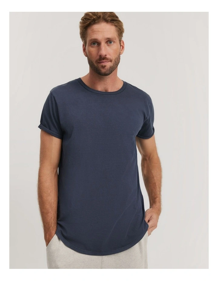 Australian Cotton Longline Garment Dyed T-shirt in Navy