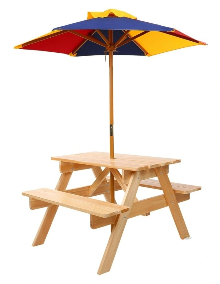 Outdoor Table and Chairs Wooden Picnic Bench Set Umbrella in Natural