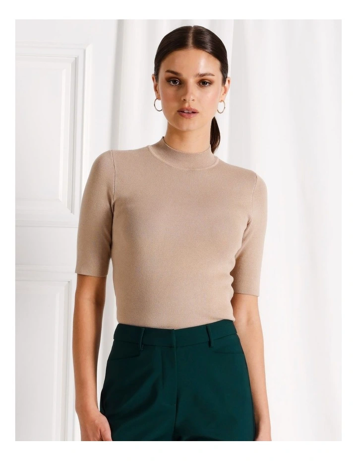 High Neck Short Sleeve Knit Top in Stone
