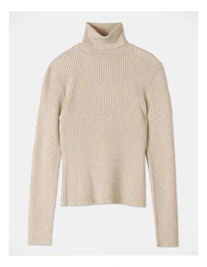 Long Sleeve Knitted Rib Roll Neck Top in Oat Marle