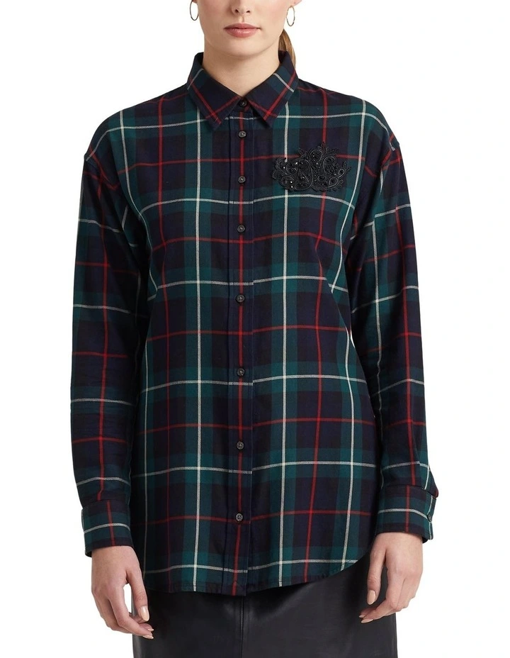 Bullion-Patch Plaid Twill Shirt in Blue Multi