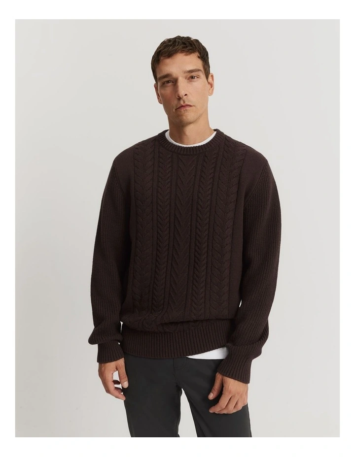 Australian Cotton Cable Crew Knit in Dark Brown