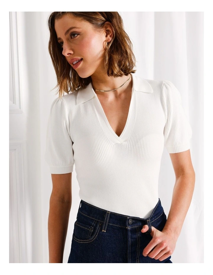 Puff Sleeve Rib Knit Polo in White