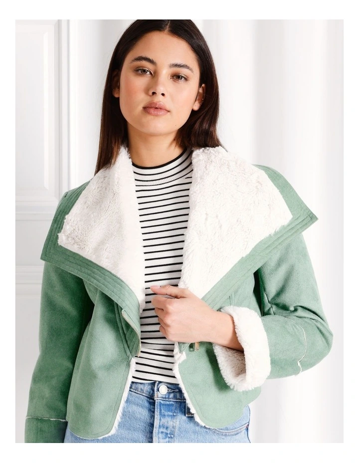 Recycled Blend Shearling Biker Jacket In Sage