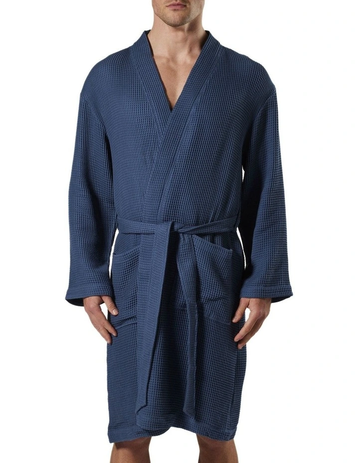 Waffle Texture Bamboo Woven Robe in Denim